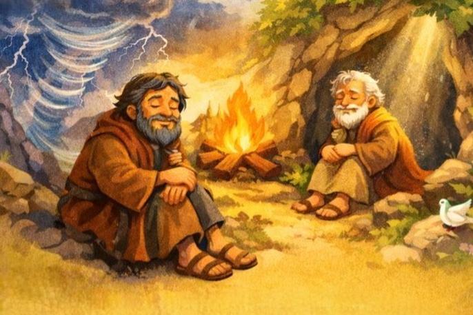 Zwei Männer sitzen an einem Feuer vor einer Höhle