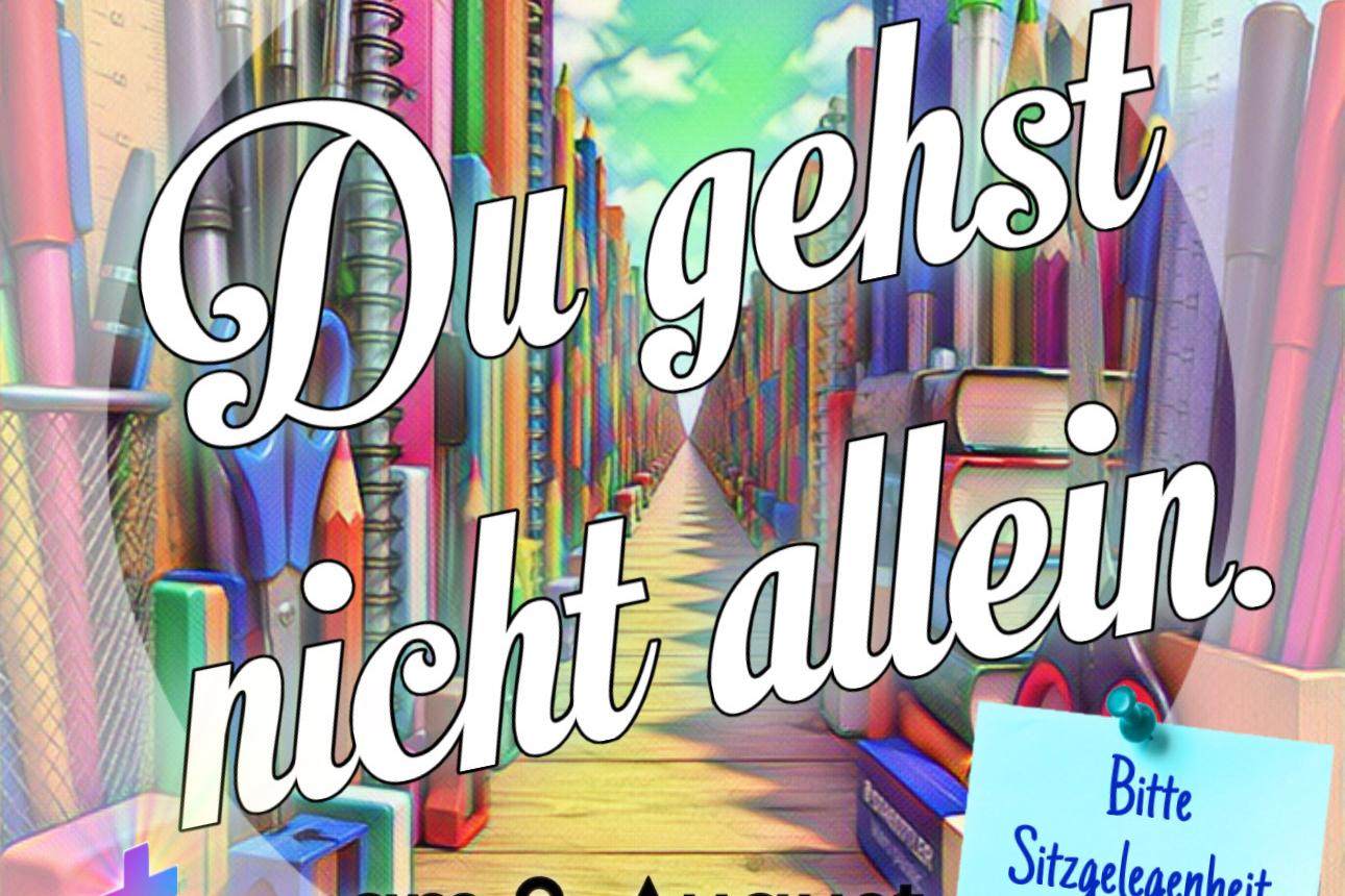 Schriftzug: Du gehst nicht allein - mit einem Weg und buntem HIntergrund
