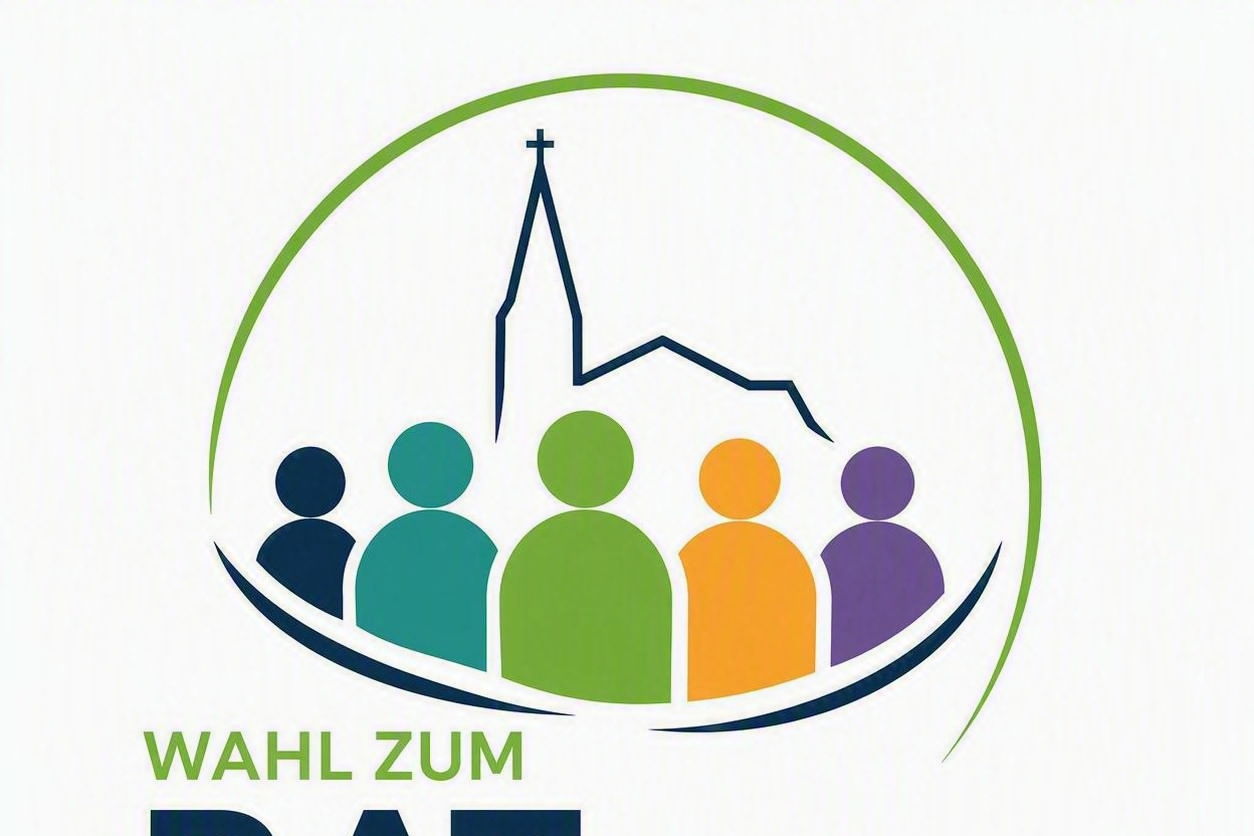 Das Logo zeigt fünf stilisierte Personen in Blau, Türkis, Grün, Orange und Violett. Über den Figuren ist der Umriss einer Kirche mit Kirchturm dargestellt. Ein grüner Kreis umschließt die Darstellung und symbolisiert Gemeinschaft. Unter dem Motiv steht der Schriftzug „Wahl zum Rat des Pastoralen Raums“.