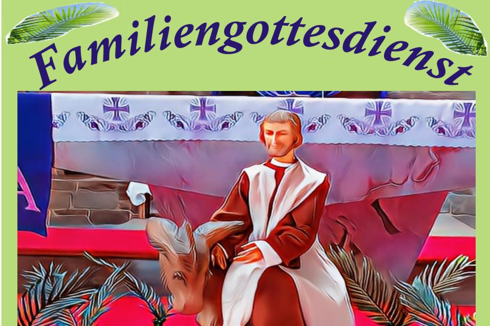 Das Plakat zeigt ein buntes, gemaltes Motiv: Eine Figur in einem langen Gewand sitzt auf einem Esel, umgeben von grünen Palmzweigen und mehreren großen Vasen. Der Hintergrund ist leuchtend rot, rosa und blau. Oben steht groß der Titel „Familiengottesdienst“. Darunter folgen Informationen zum Termin:  Kirche Maria Königin, Dörsdorf Samstag, 28. März 2026 16 Uhr – Gottesdienst mit Segnung der Palmzweige Mitwirkung der „Kreuz und Quer Kids“ Palmsträußchen gibt es gegen Spende Kleine Überraschung für Kinder  Im unteren Bereich sind kleine Illustrationen eines Hasen, einer Blume und eines Palmenblatts zu sehen.