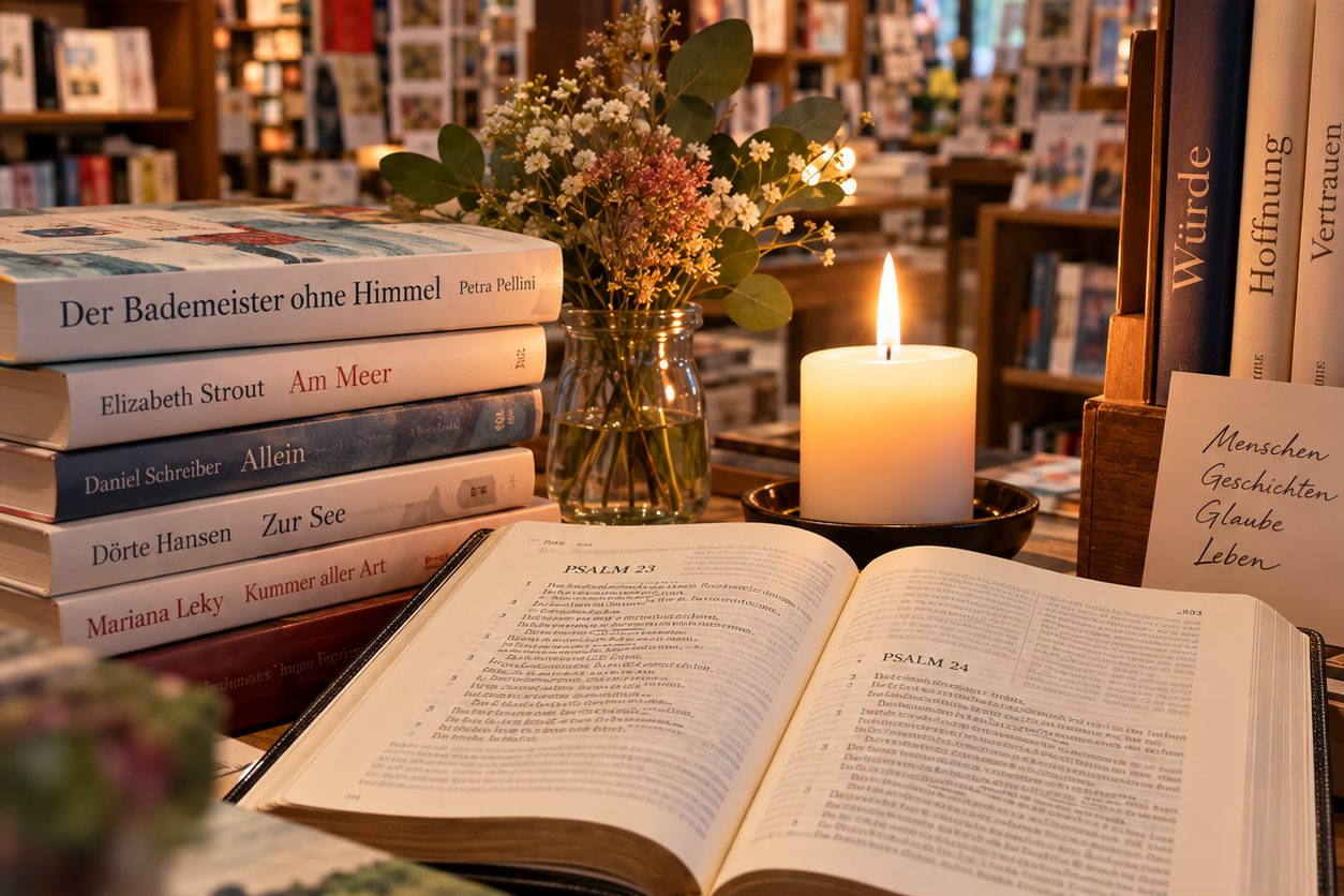 eine brennende Kerze in einer Buchhandlung