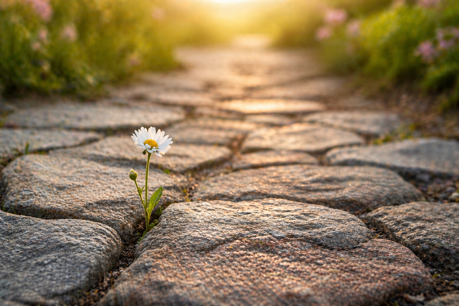 Weg mit Steinen und einer Blume
