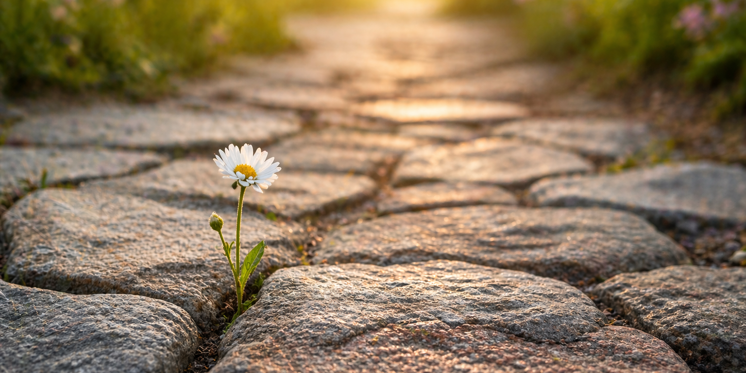 Weg mit Steinen und einer Blume