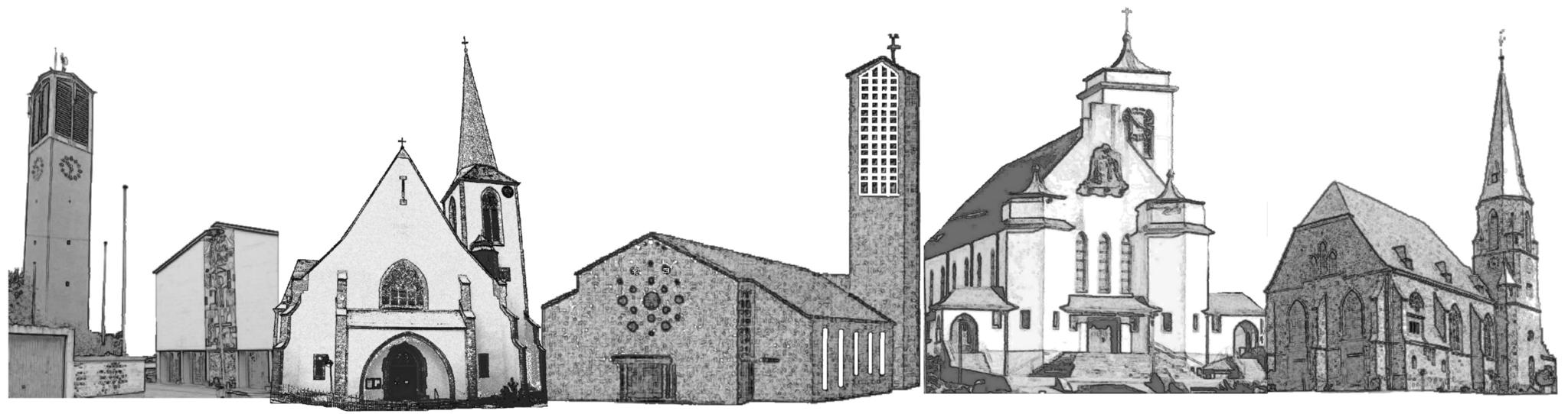 Die Kirchen der Pfarreiengemeinschaft als Schwarz-Weiß-Zeichnungen