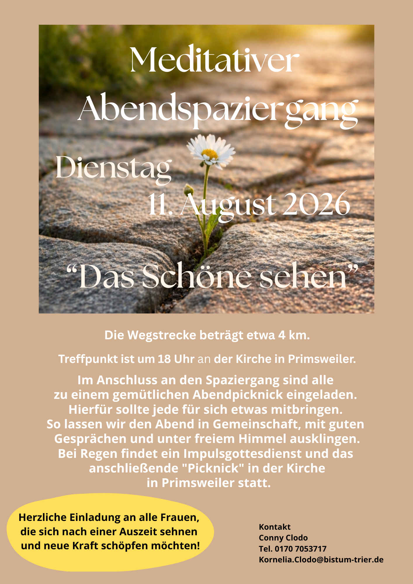 Einladung zum meditativen Abendspaziergang mit dem Thema 'Das Schöne sehen'