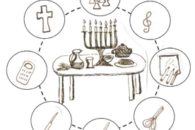 Ein Tisch mit Dingen zum Pessachmal. Drumherum im Kreis sind  Bastelsymbole zu sehen