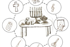 Ein Tisch mit Dingen zum Pessachmal. Drumherum im Kreis sind  Bastelsymbole zu sehen