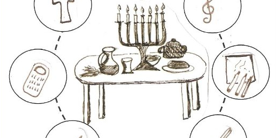 Ein Tisch mit Dingen zum Pessachmal. Drumherum im Kreis sind  Bastelsymbole zu sehen